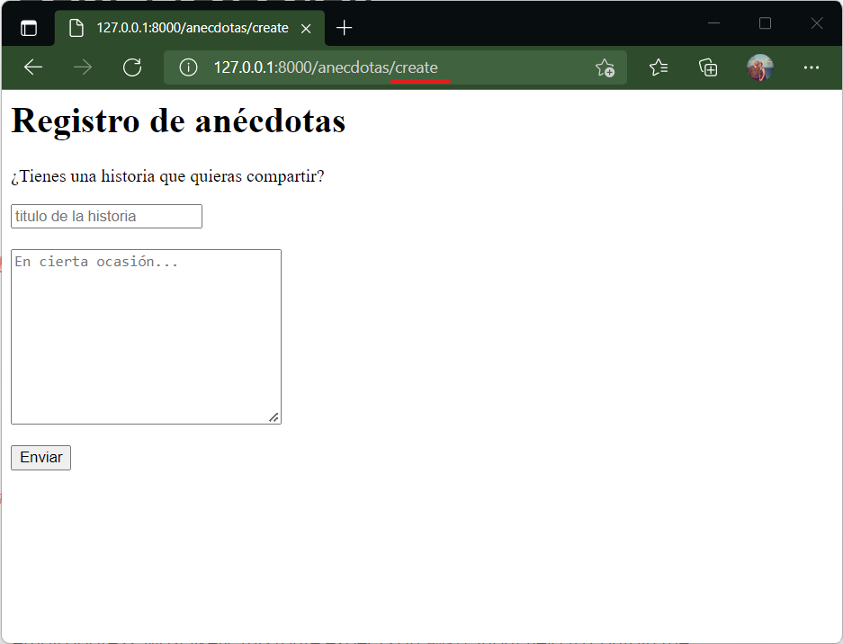 Vista del create de Anécdotas