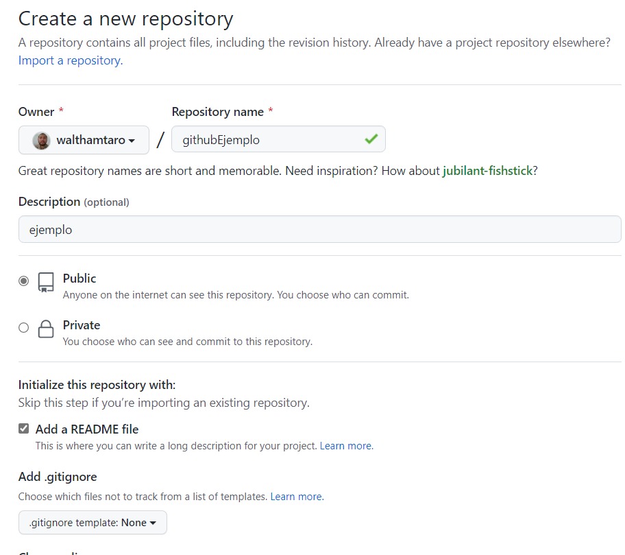 página de creación de repositorios